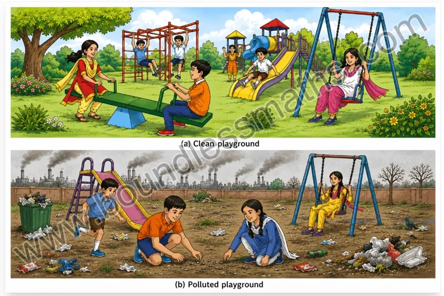 Comparison of a clean, well-maintained playground with children playing happily versus a polluted playground littered with garbage and surrounded by smoke-emitting factories