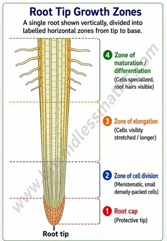 Root tip growth zones: root cap, zone of cell division, zone of elongation, and zone of maturation | Class 9 Science Chapter 2