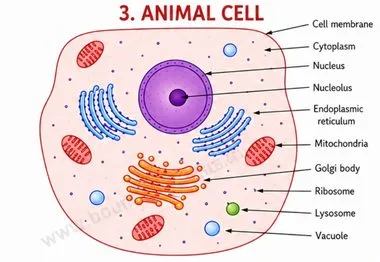 Labelled diagram of an animal cell showing cell membrane, cytoplasm, nucleus, nucleolus, ER, mitochondria, Golgi body, ribosome, lysosome, and vacuole | Class 9 Science Chapter 2