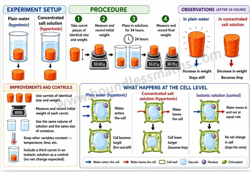Carrot osmosis experiment: setup, procedure, 24-hour observations, and what happens at the cell level in hypotonic, hypertonic, and isotonic solutions | Class 9 Science Chapter 2