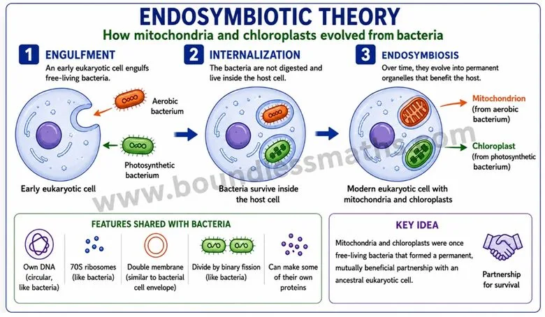 Endosymbiotic theory diagram: engulfment, internalization, and endosymbiosis showing how mitochondria and chloroplasts evolved from free-living bacteria | Class 9 Science Chapter 2