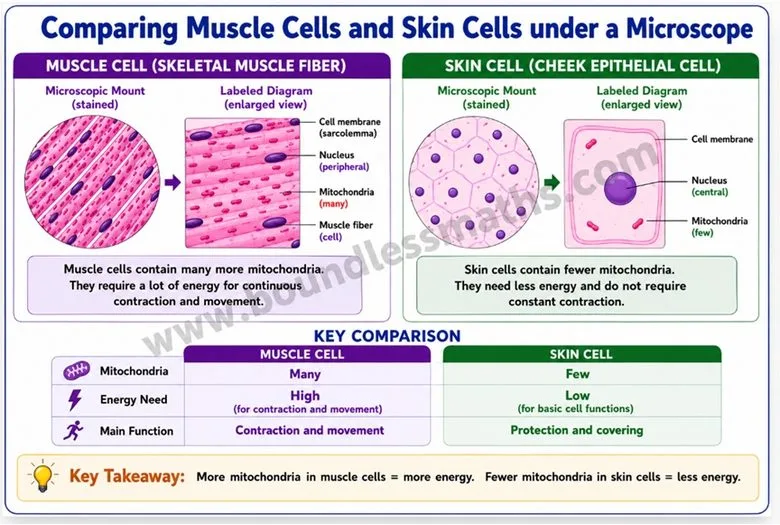Comparing muscle cells and skin cells under a microscope — muscle cells contain many more mitochondria than skin cells | Class 9 Science Chapter 2
