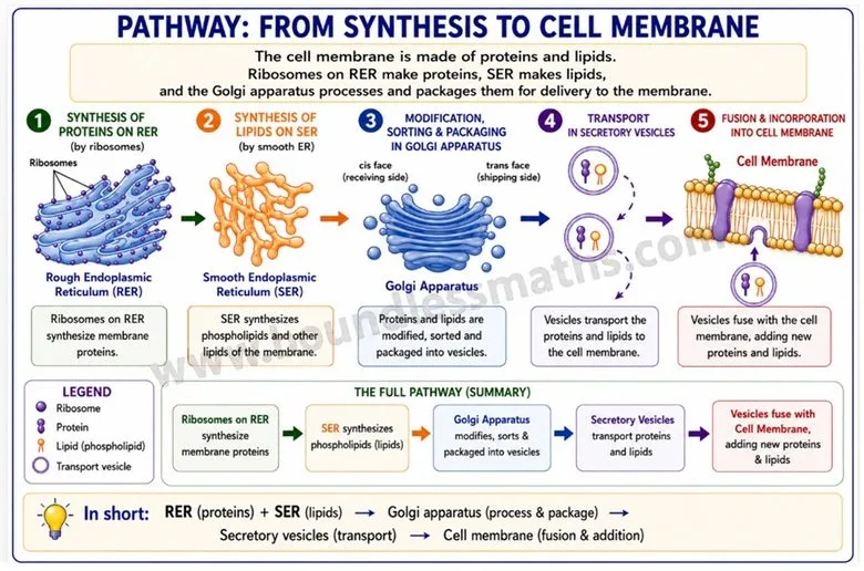 Pathway from synthesis to cell membrane: ribosomes on RER make proteins, SER makes lipids, Golgi apparatus modifies and packages them, secretory vesicles transport them, and they fuse with the cell membrane | Class 9 Science Chapter 2