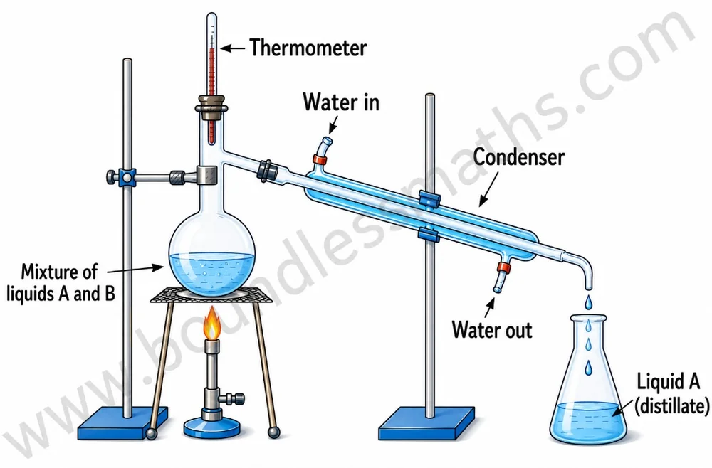 Fig. 5.12: Labelled simple distillation setup showing the distillation flask with mixture of liquids A and B, thermometer, water condenser (water in/out), and receiver flask collecting liquid A (distillate)