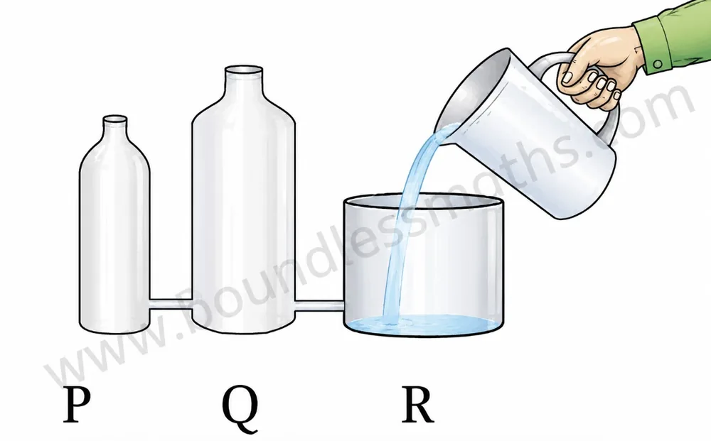 Vessels P, Q, and R of different shapes connected at the base, with water being poured into R