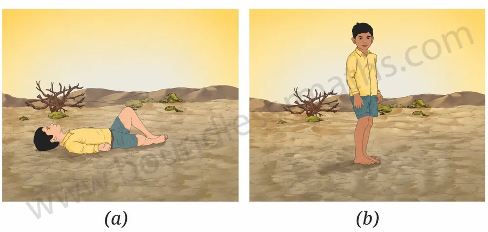A boy lying horizontally on loose sand in figure (a), and standing vertically on loose sand in figure (b)