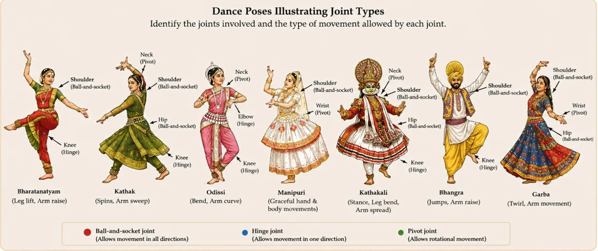 Classical and folk dance poses of India labelled with the joints involved — shoulder, hip, knee, elbow, wrist and neck