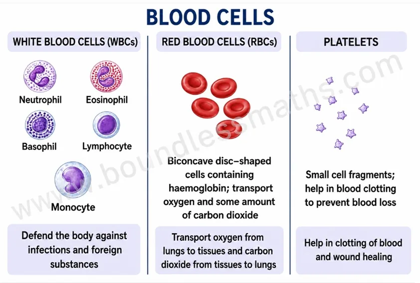 Diagram of white blood cells, red blood cells and platelets with their functions