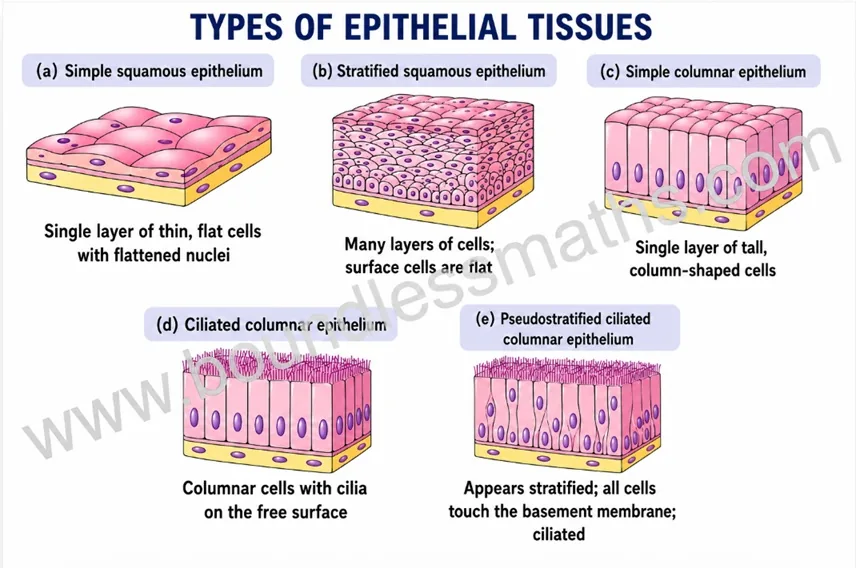 Five types of epithelial tissue — simple squamous, stratified squamous, simple columnar, ciliated columnar and pseudostratified ciliated columnar