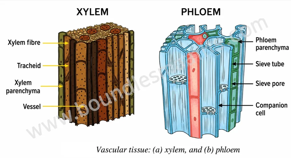 Xylem tissue with vessel, tracheid and xylem parenchyma, and phloem tissue with sieve tube, companion cell and phloem parenchyma
