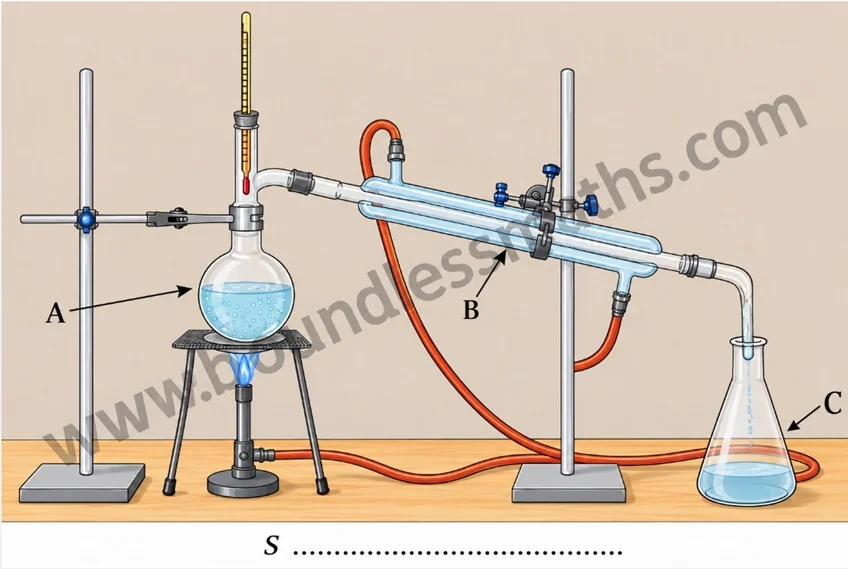 Separation of two miscible liquids by distillation: labelled apparatus showing round-bottom flask (A), Liebig condenser (B), and receiver flask (C)